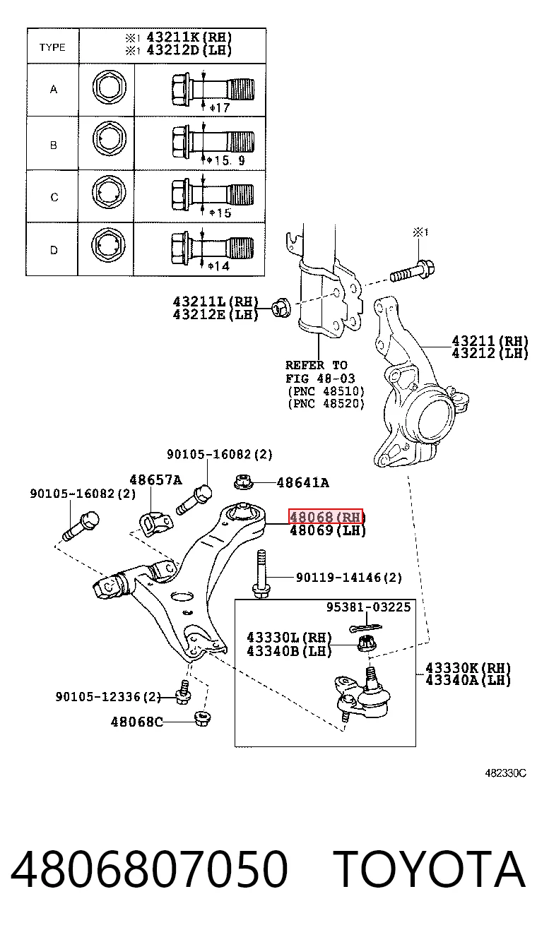 4806807050 Toyota Braço oscilante inferior direito de suspensão dianteira