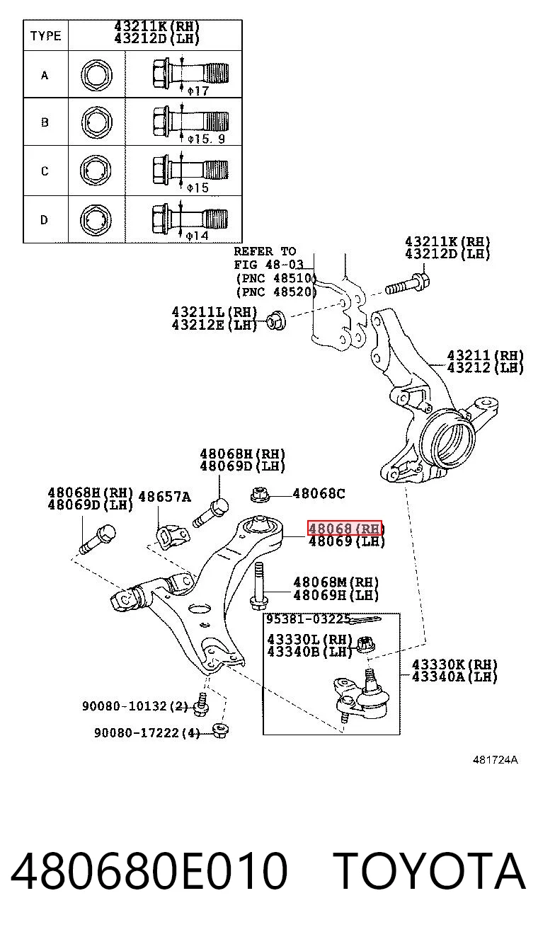 480680E010 Toyota Braço oscilante inferior direito de suspensão dianteira