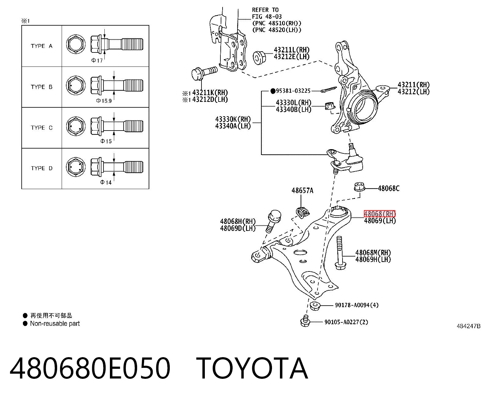 480680E050 Toyota Braço oscilante inferior direito de suspensão dianteira
