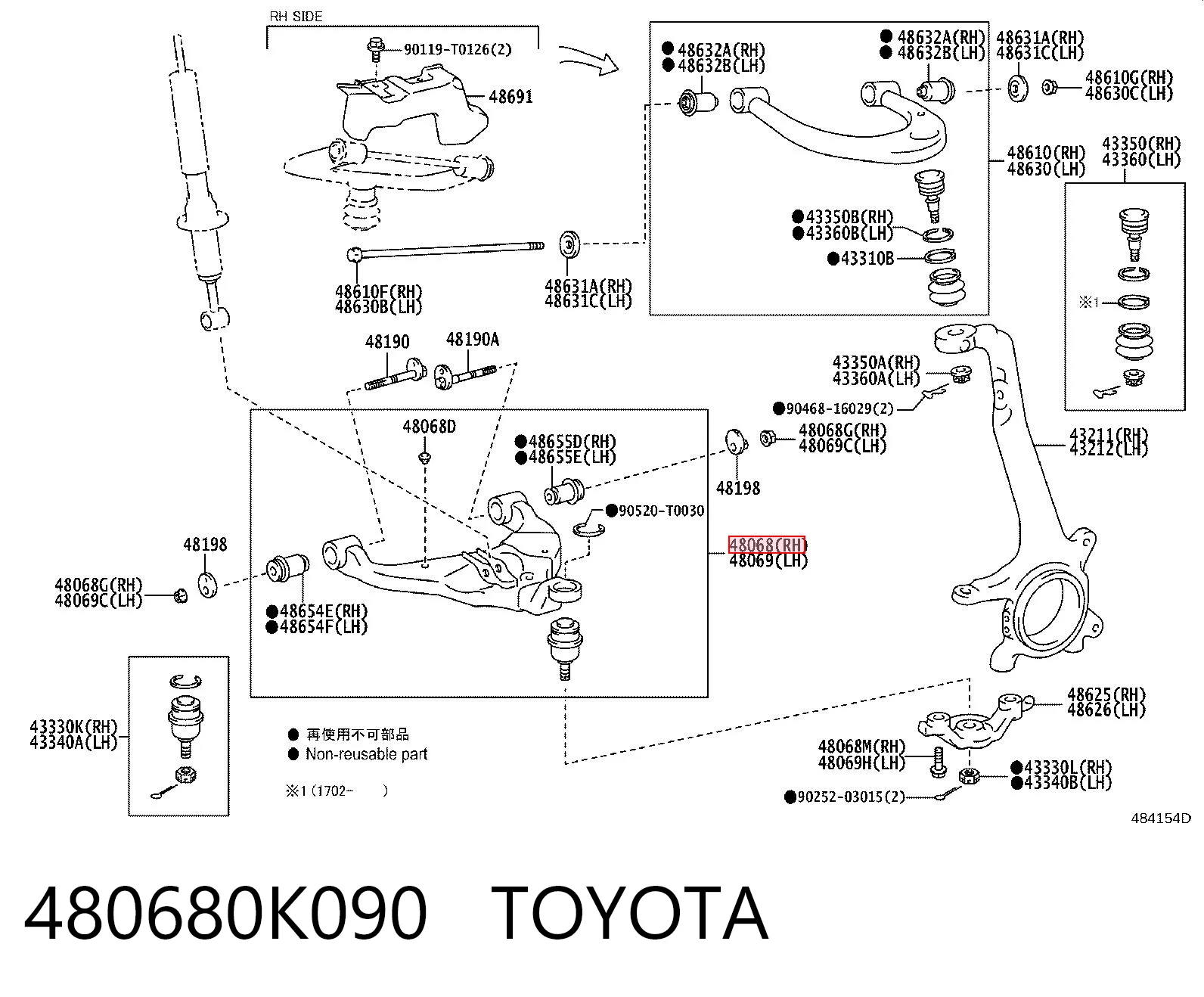 480680K090 Toyota Braço oscilante inferior direito de suspensão dianteira