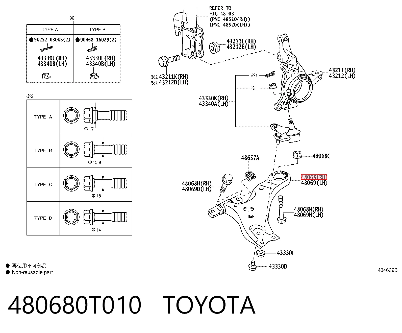 480680T010 Toyota Braço oscilante inferior direito de suspensão dianteira