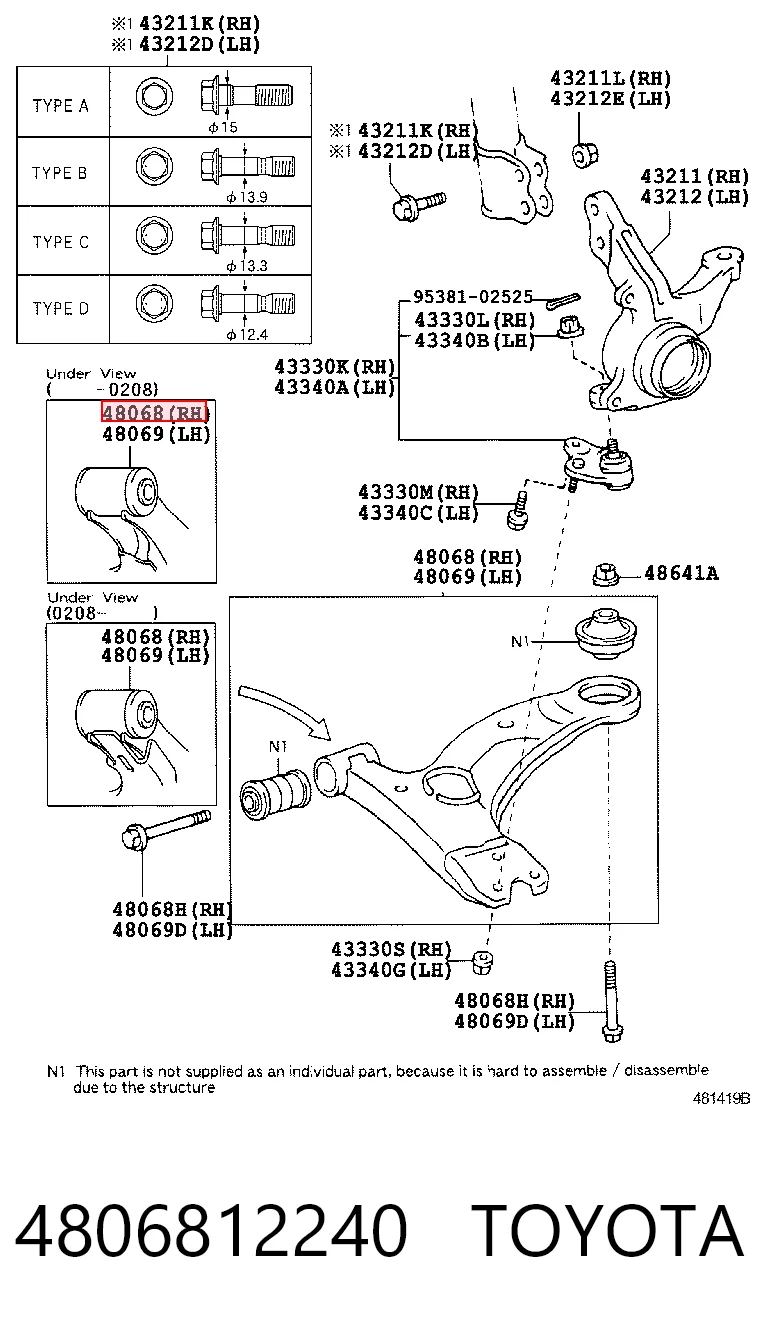 4806812240 Toyota Braço oscilante inferior direito de suspensão dianteira