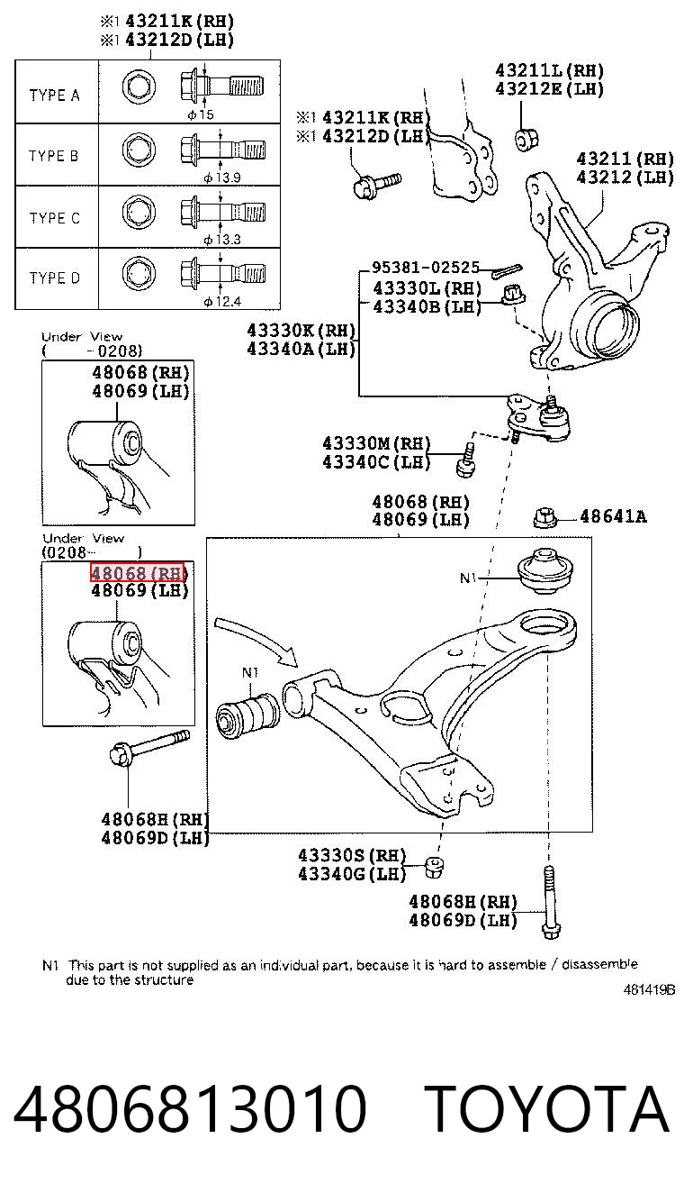 4806813010 Toyota Braço oscilante inferior direito de suspensão dianteira