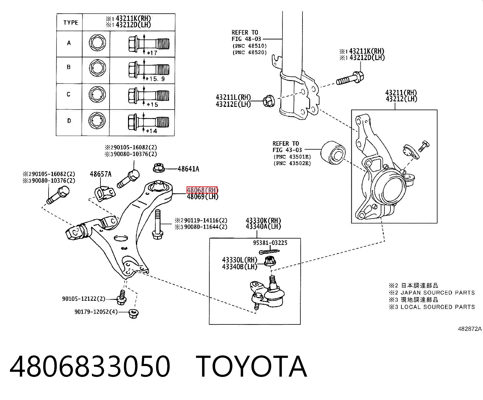 4806833050 Toyota Braço oscilante inferior direito de suspensão dianteira