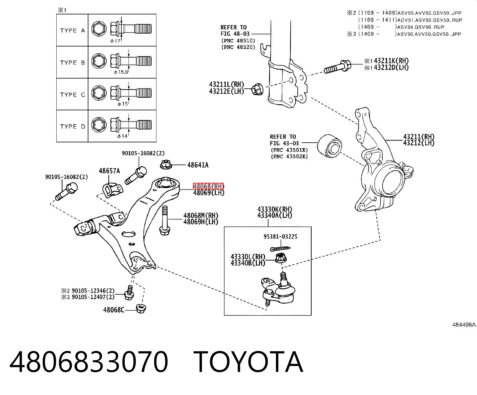 4806833070 Toyota Braço oscilante inferior direito de suspensão dianteira