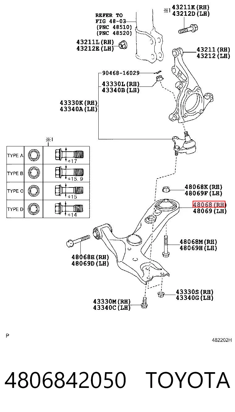Braço oscilante inferior direito de suspensão dianteira Toyota 480680R010 preço, a partir de 120,88 USD