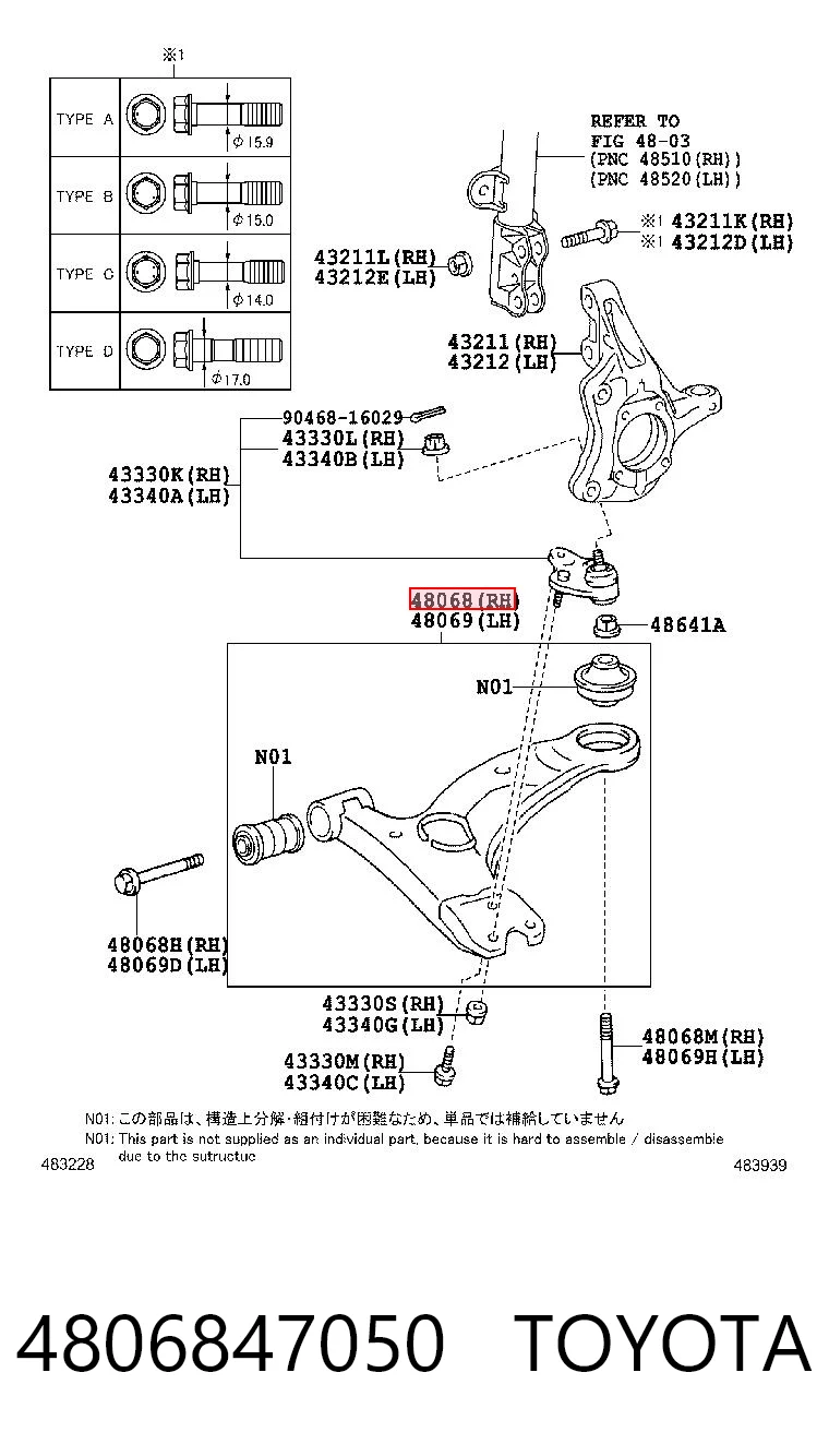 4806847050 Toyota Braço oscilante inferior direito de suspensão dianteira