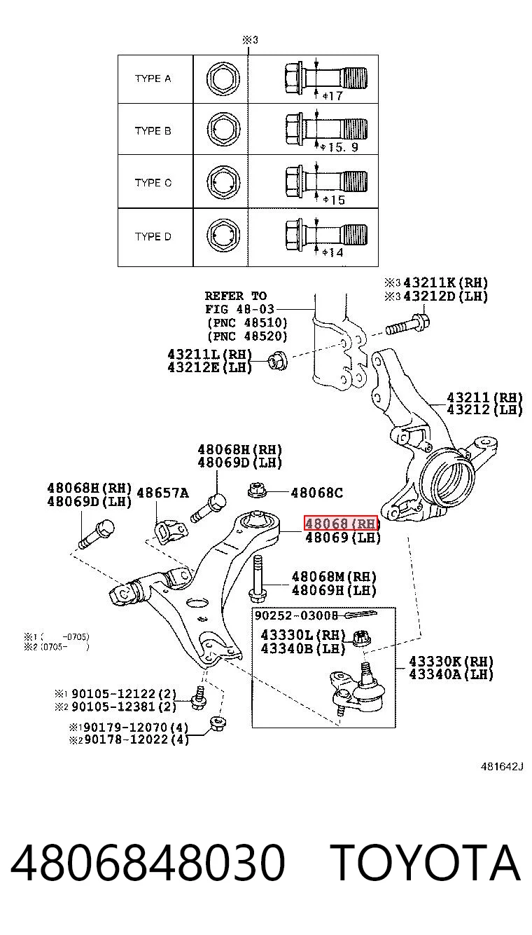 4806848030 Toyota Braço oscilante inferior direito de suspensão dianteira