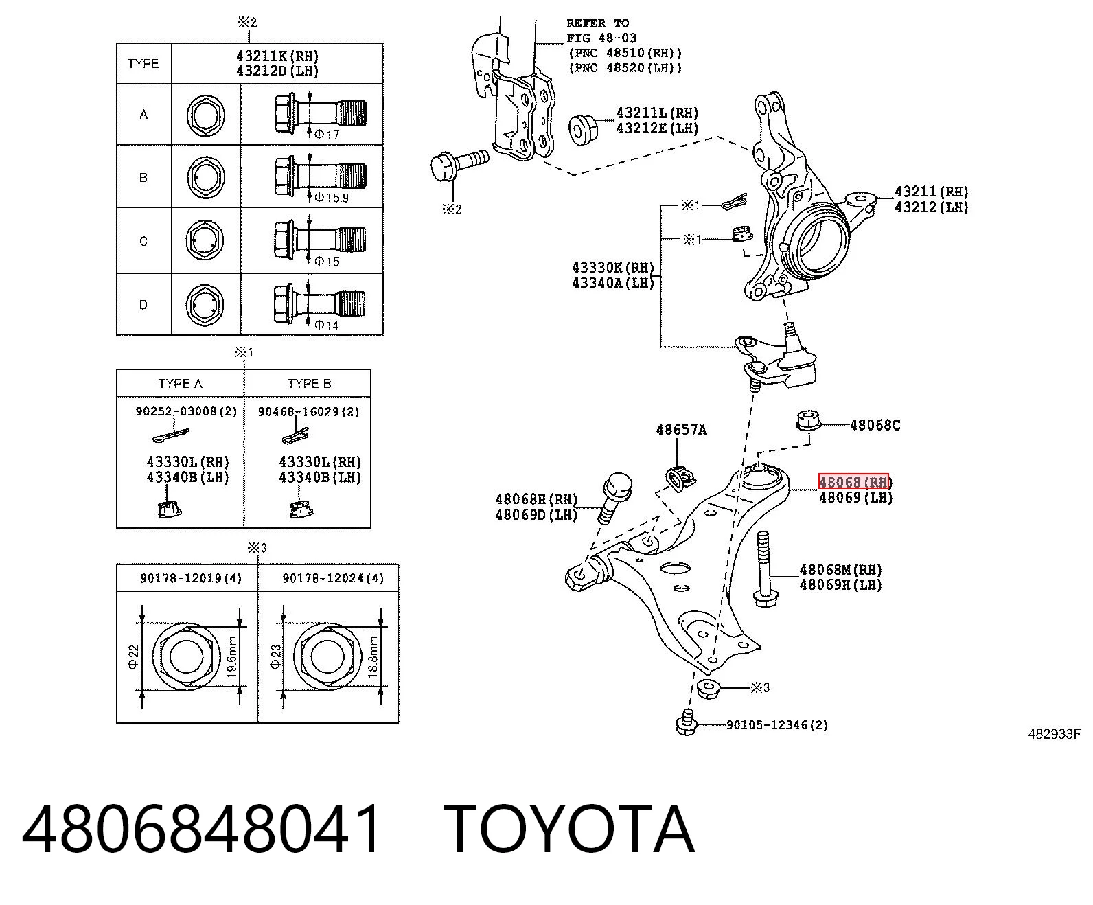 4806848041 Toyota Braço oscilante inferior direito de suspensão dianteira
