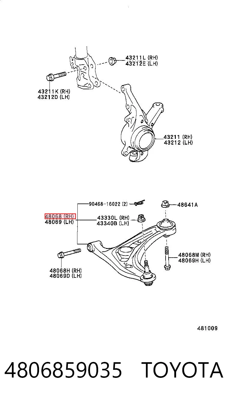 4806859035 Toyota Braço oscilante inferior direito de suspensão dianteira