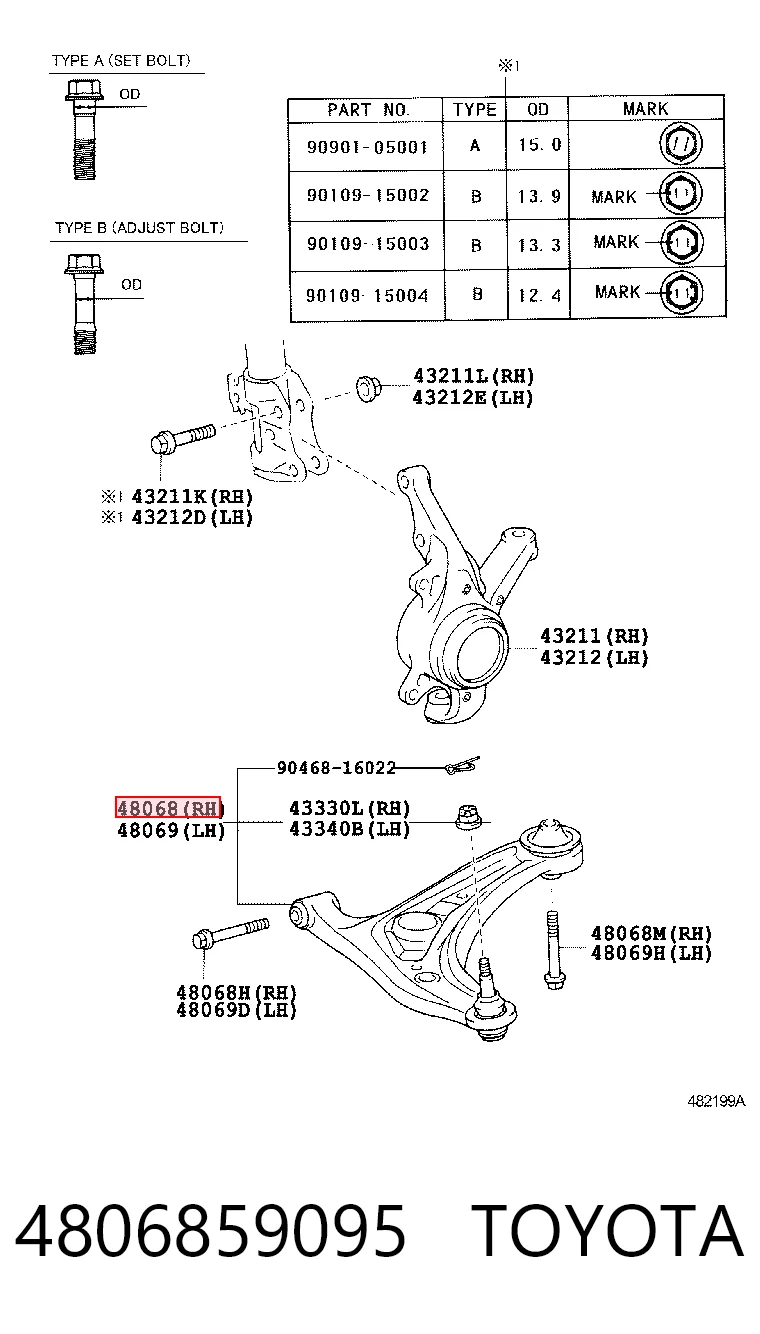 4806859095 Toyota Braço oscilante inferior direito de suspensão dianteira