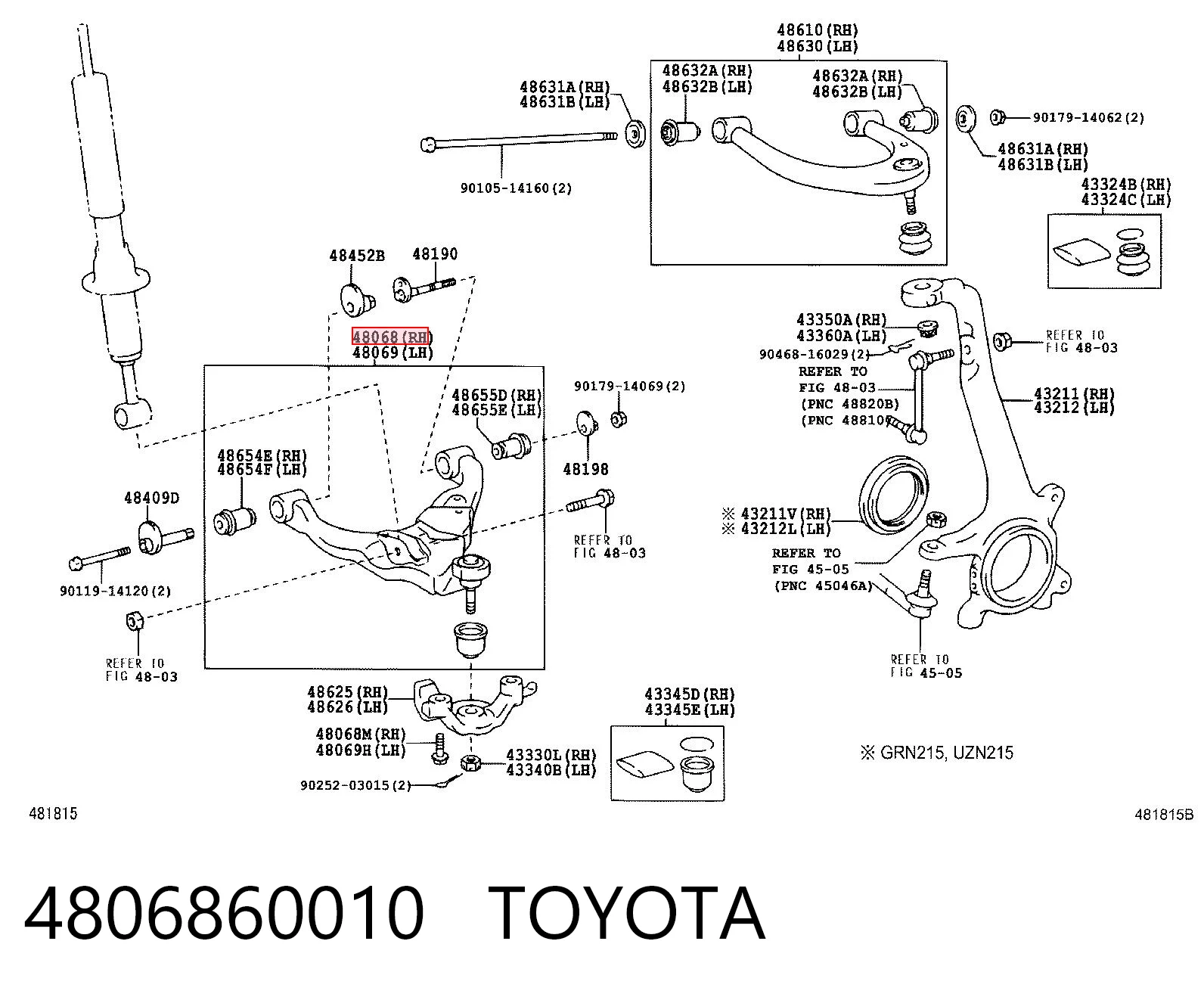 4806860010 Toyota Braço oscilante inferior direito de suspensão dianteira