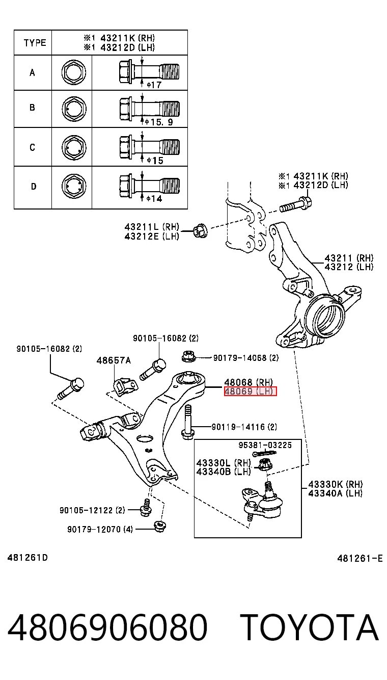 4806906080 Toyota Braço oscilante inferior esquerdo de suspensão dianteira