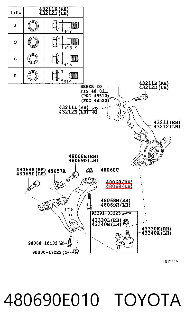 480690E010 Toyota Braço oscilante inferior esquerdo de suspensão dianteira