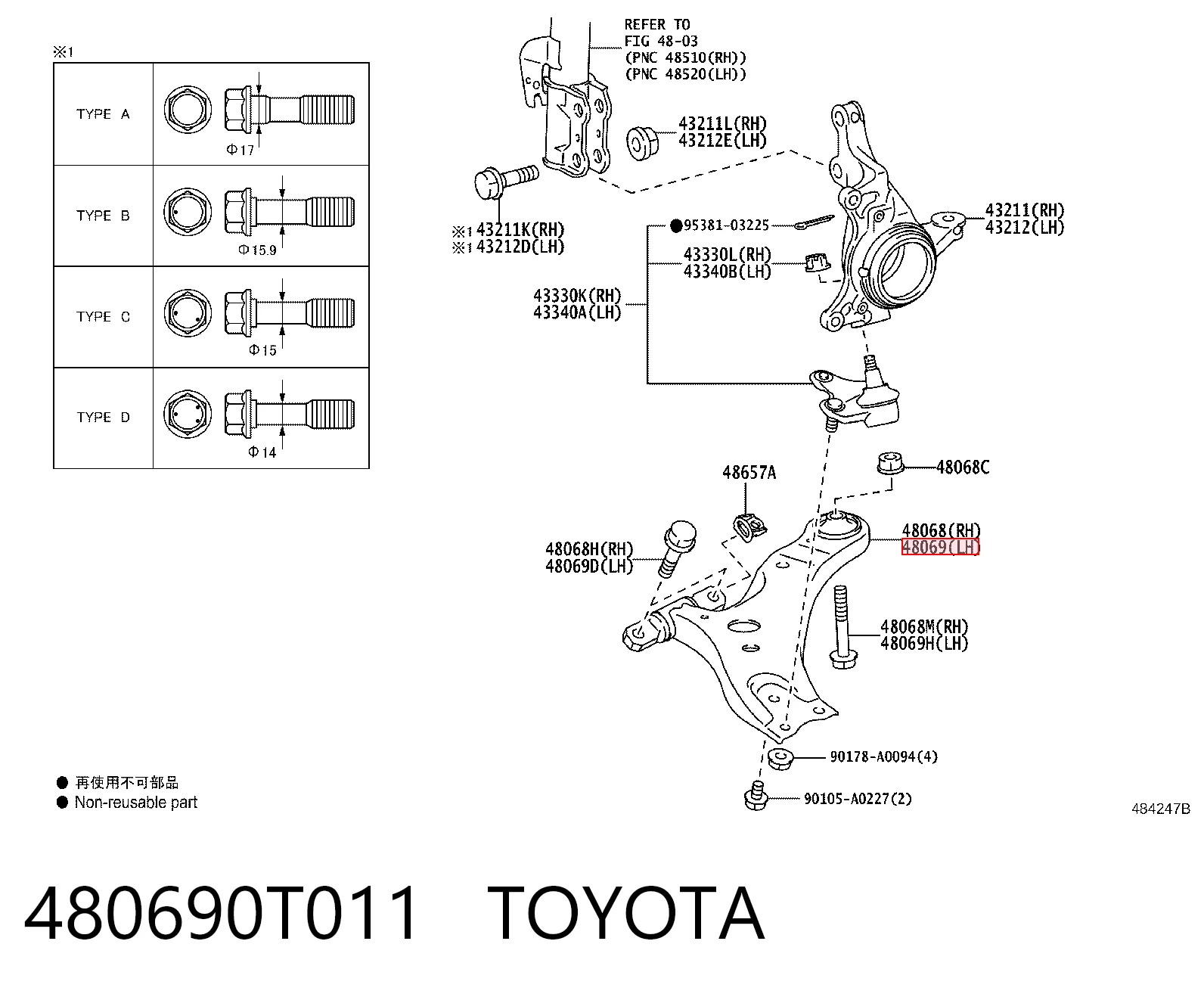 480690T011 Toyota Braço oscilante inferior esquerdo de suspensão dianteira