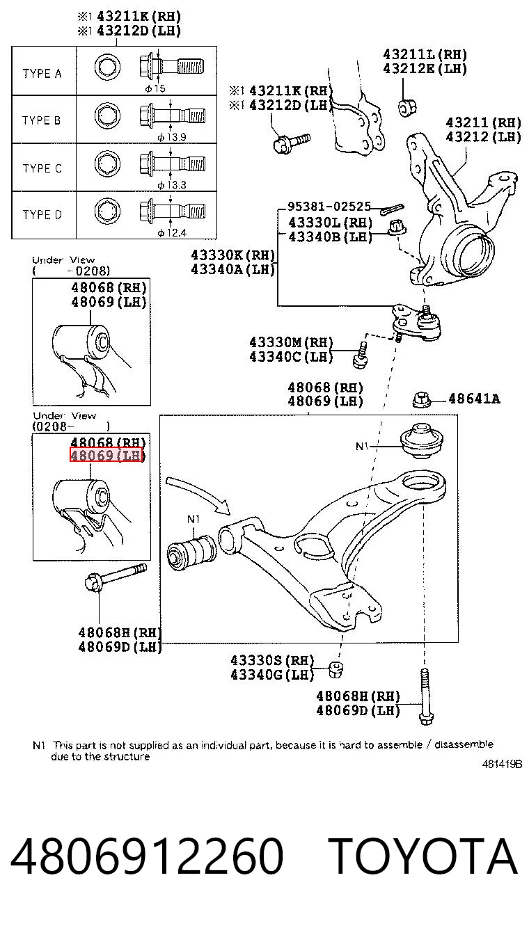 4806912260 Toyota Braço oscilante inferior esquerdo de suspensão dianteira