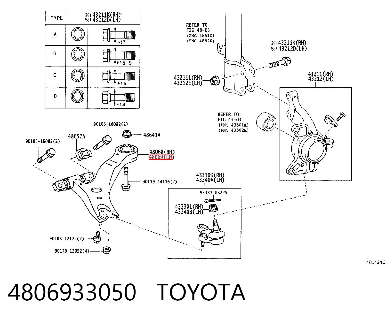 4806933050 Toyota Braço oscilante inferior esquerdo de suspensão dianteira