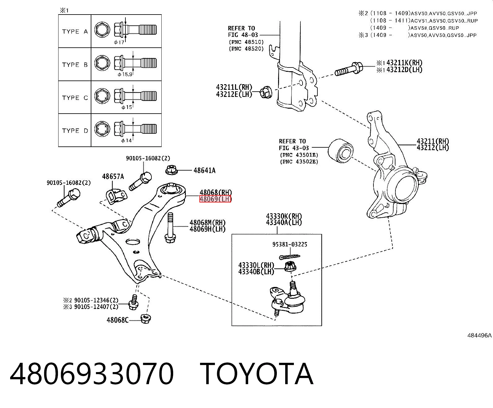 4806933070 Toyota Braço oscilante inferior esquerdo de suspensão dianteira