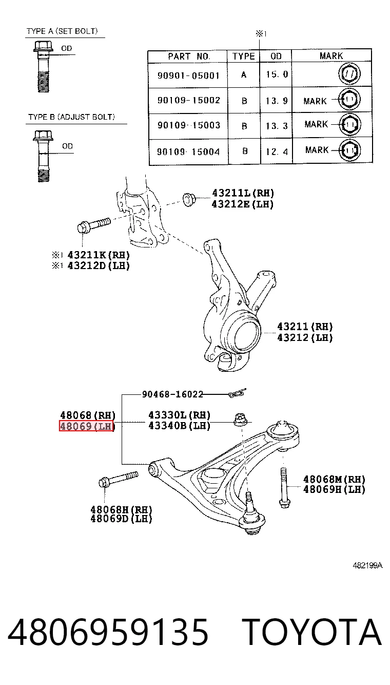 4806959135 Toyota Braço oscilante inferior esquerdo de suspensão dianteira