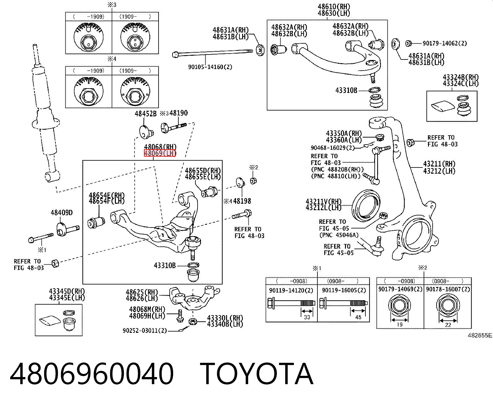 4806960040 Toyota Braço oscilante inferior esquerdo de suspensão dianteira