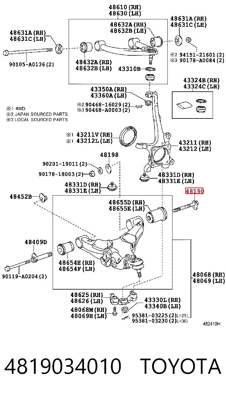 4819034010 Toyota Parafuso de fixação de braço oscilante dianteiro, inferior
