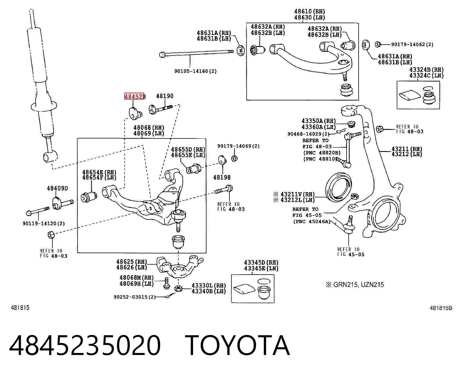 4845235020 Toyota Porca de parafuso de fixação de braço oscilante dianteiro inferior