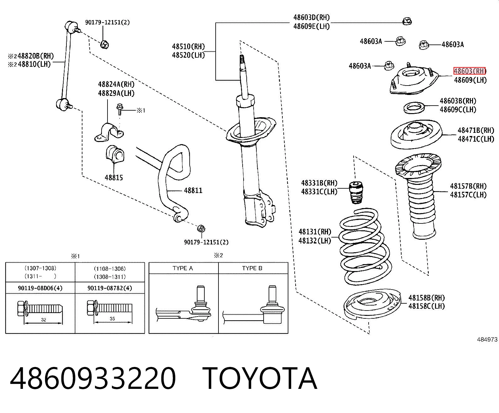 4860933220 Toyota Suporte de amortecedor dianteiro
