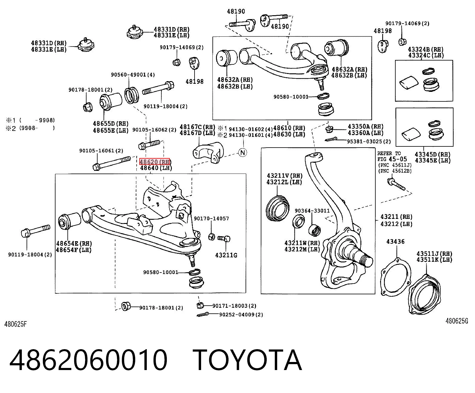 4862060010 Toyota Braço oscilante inferior direito de suspensão dianteira