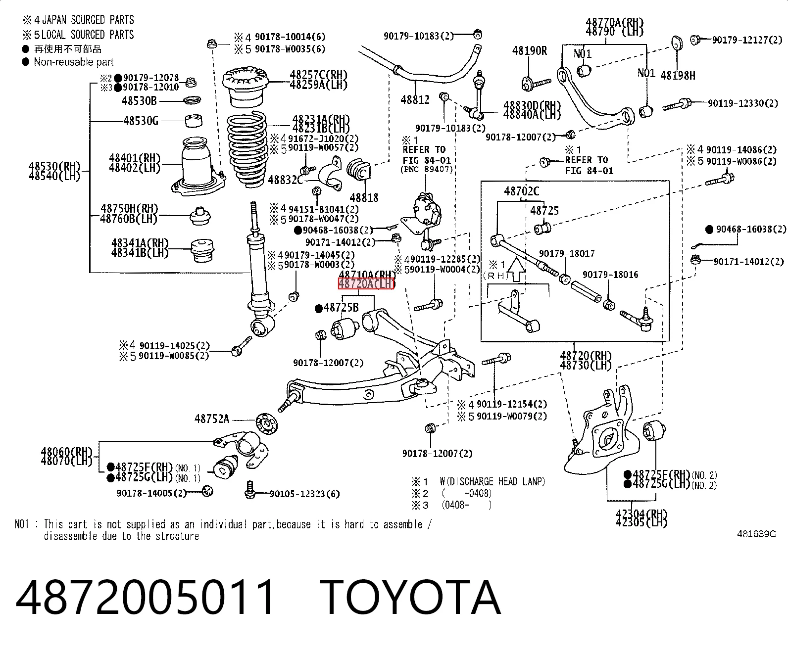 4872005011 Toyota Braço oscilante inferior esquerdo de suspensão traseira
