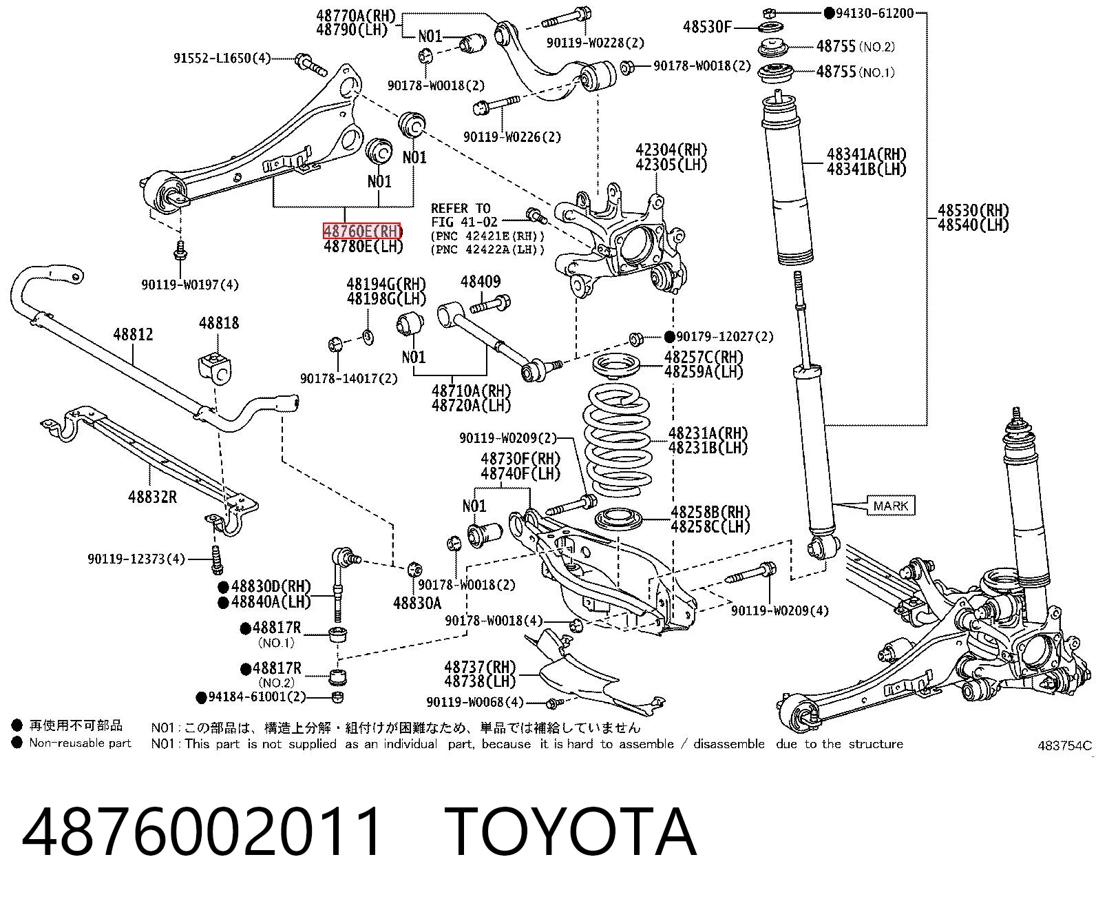 4876002011 Toyota Braço oscilante (tração) longitudinal inferior direito de suspensão traseira