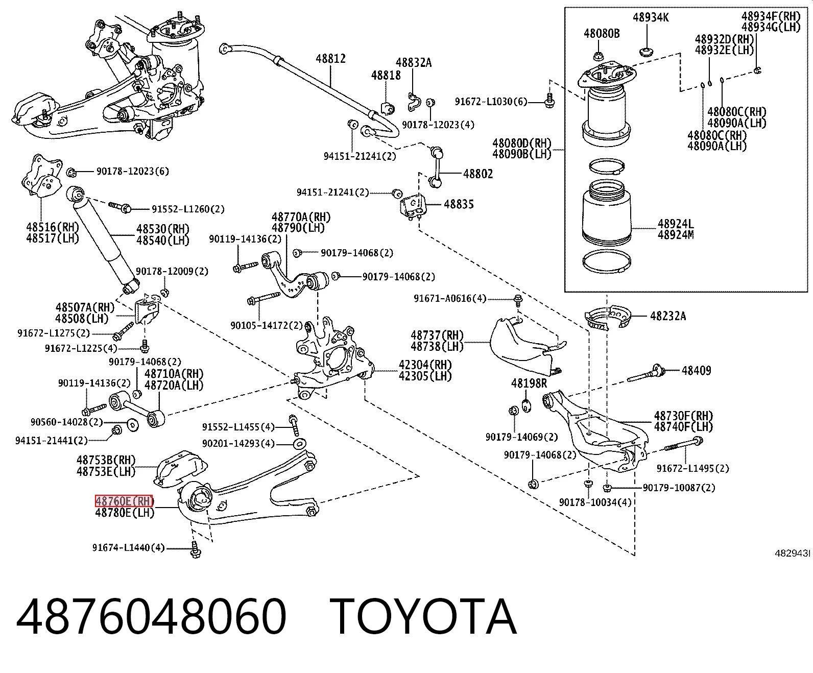 4876048060 Toyota Braço oscilante (tração) longitudinal inferior direito de suspensão traseira