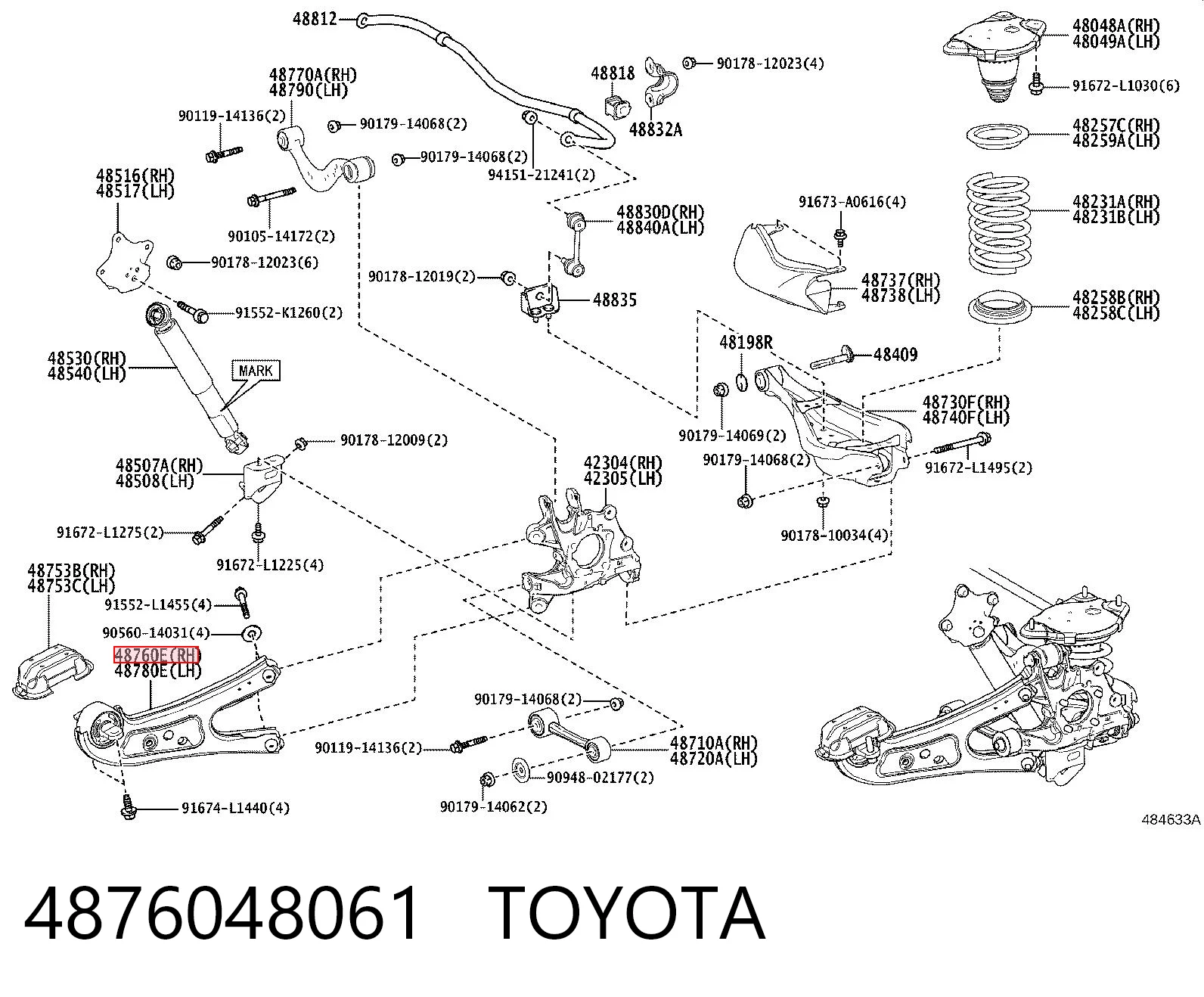 4876048061 Toyota Braço oscilante (tração) longitudinal inferior direito de suspensão traseira