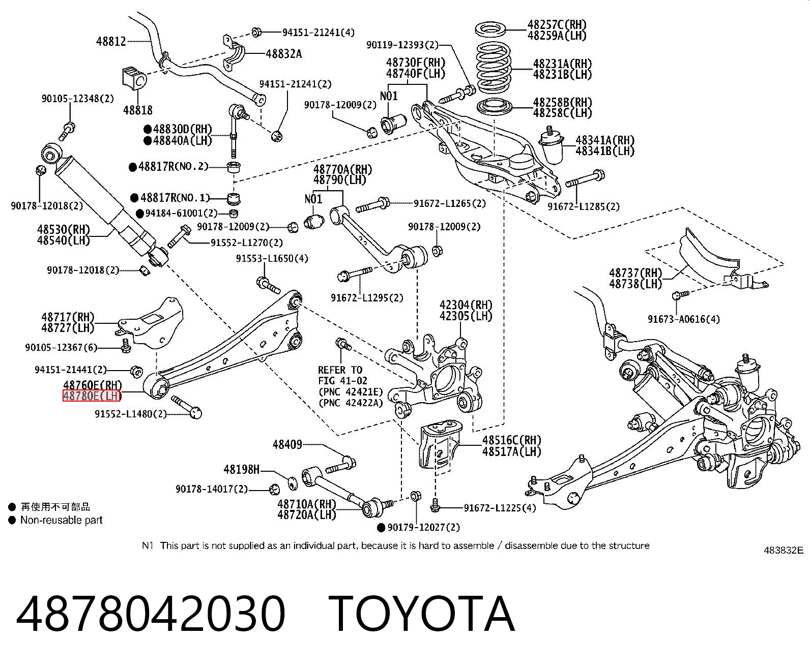 4878042030 Toyota Braço oscilante (tração) longitudinal inferior esquerdo de suspensão traseira