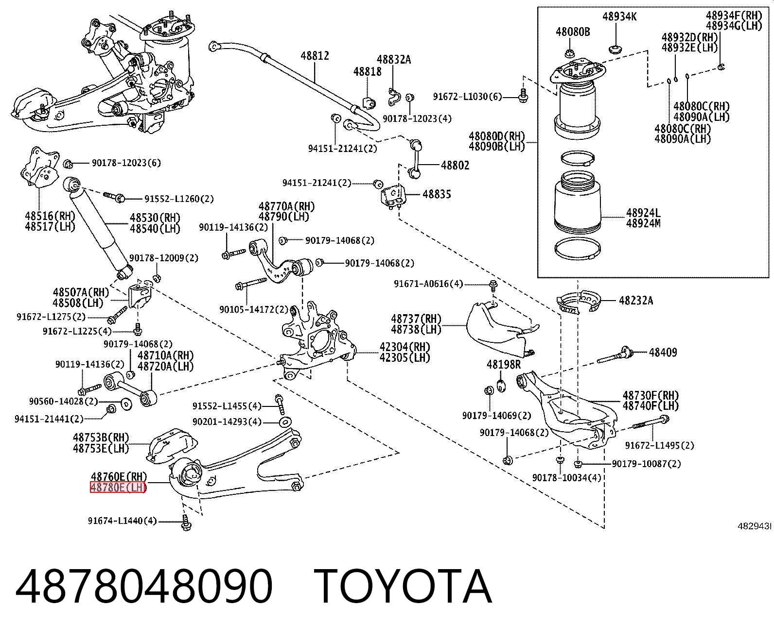 4878048090 Toyota Braço oscilante (tração) longitudinal inferior esquerdo de suspensão traseira