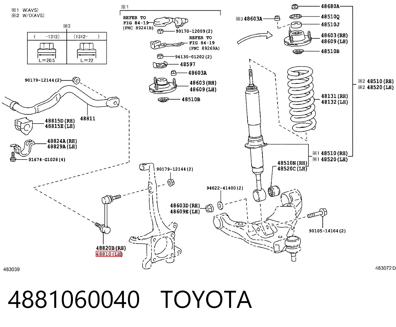 4881060040 Toyota Montante esquerdo de estabilizador dianteiro