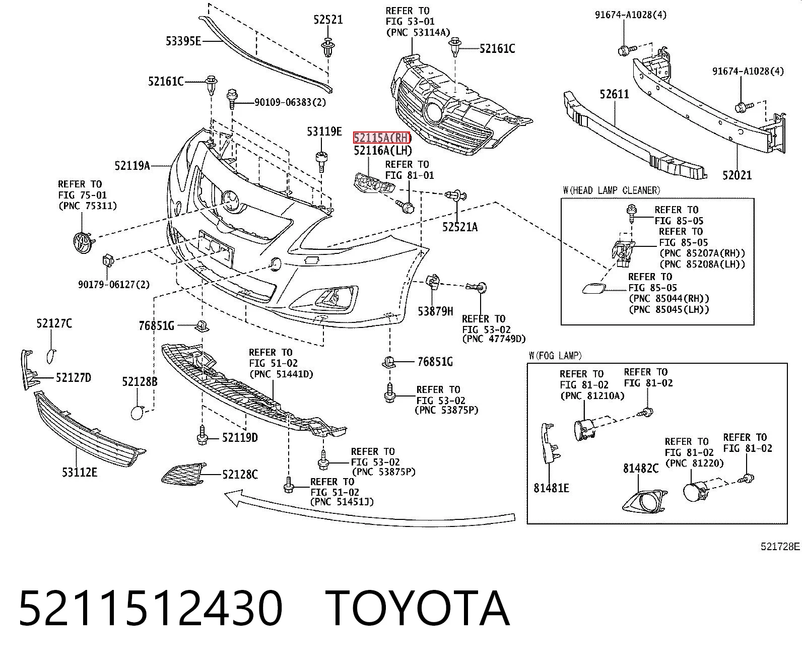 5211512430 Toyota Consola do pára-choque dianteiro direito