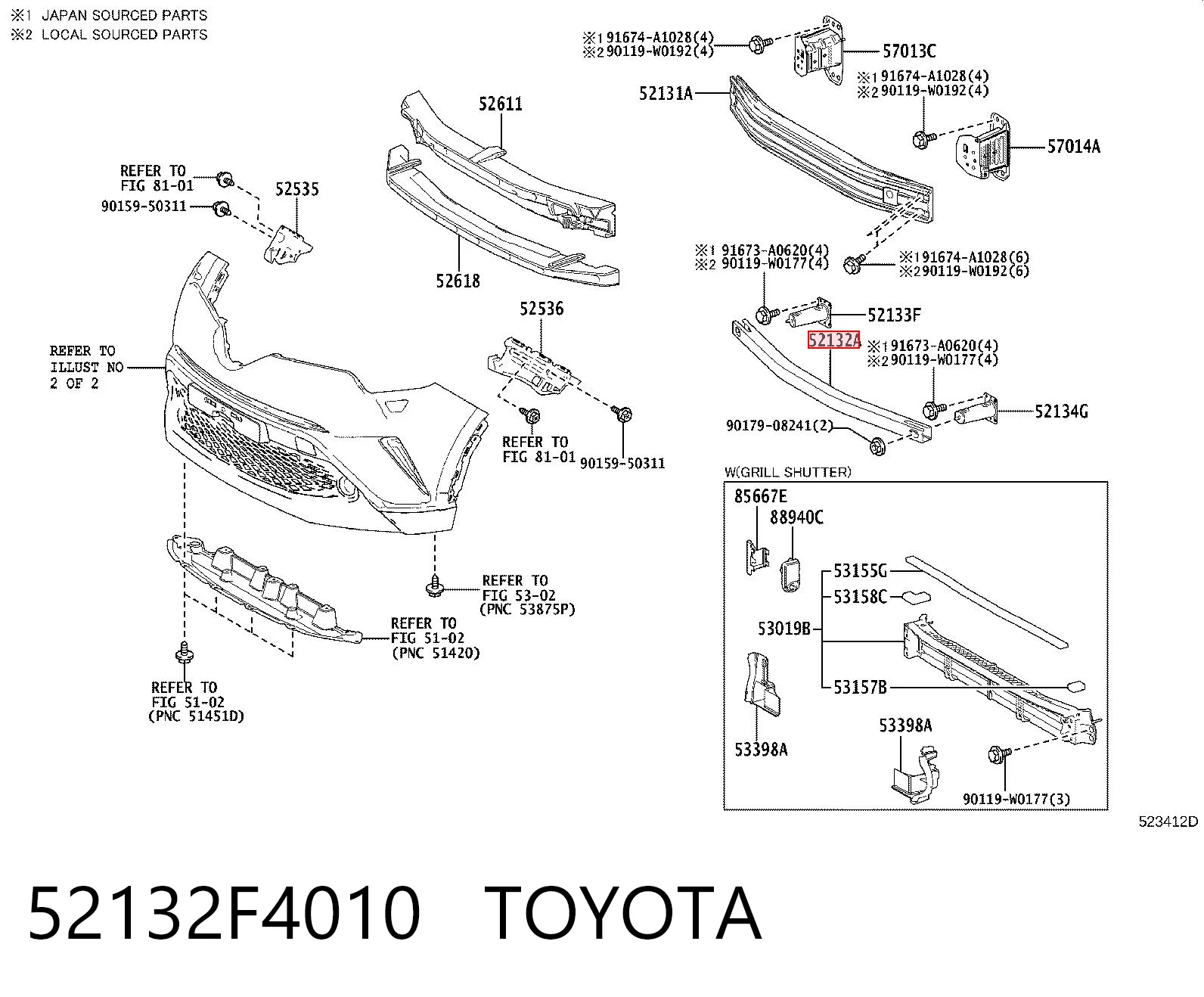 52132F4010 Toyota Reforçador do pára-choque dianteiro