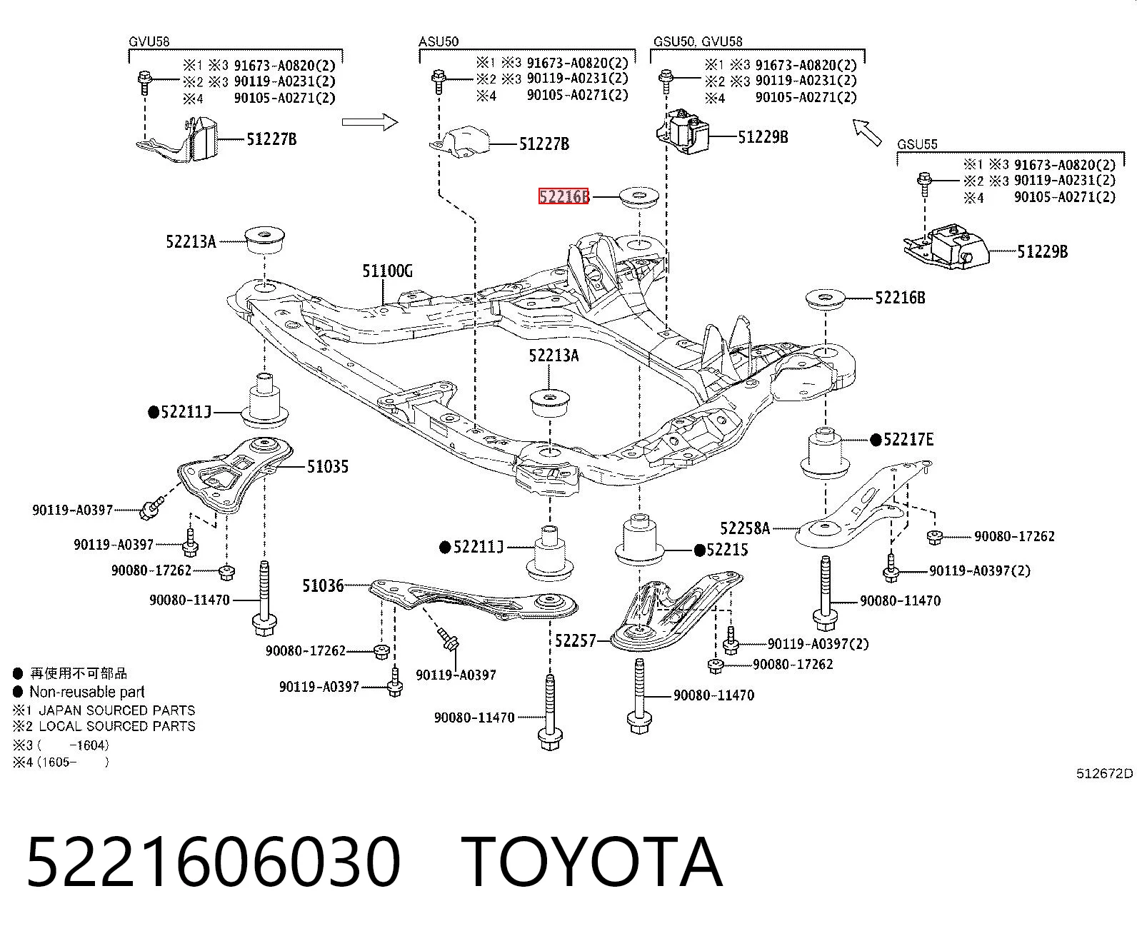 5221606030 Toyota Bloco silencioso (coxim) de viga dianteira (de plataforma veicular)