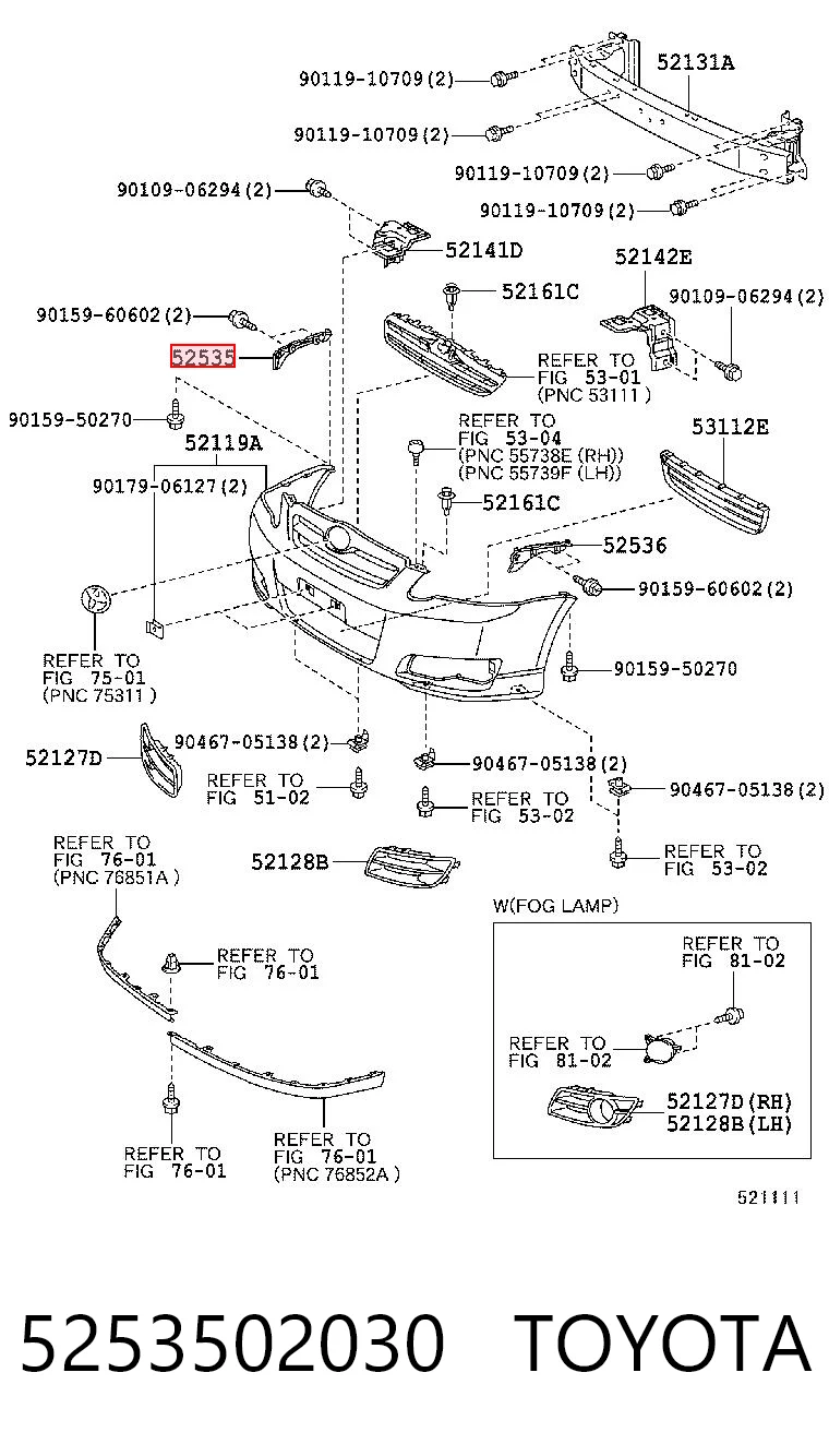 5253502030 Toyota Consola externa direita do pára-choque dianteiro