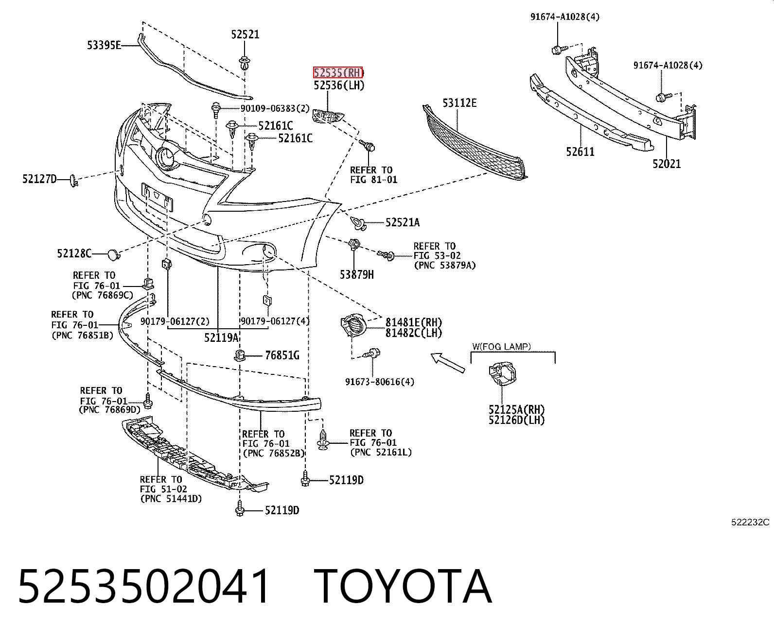 5253502041 Toyota Consola do pára-choque dianteiro direito