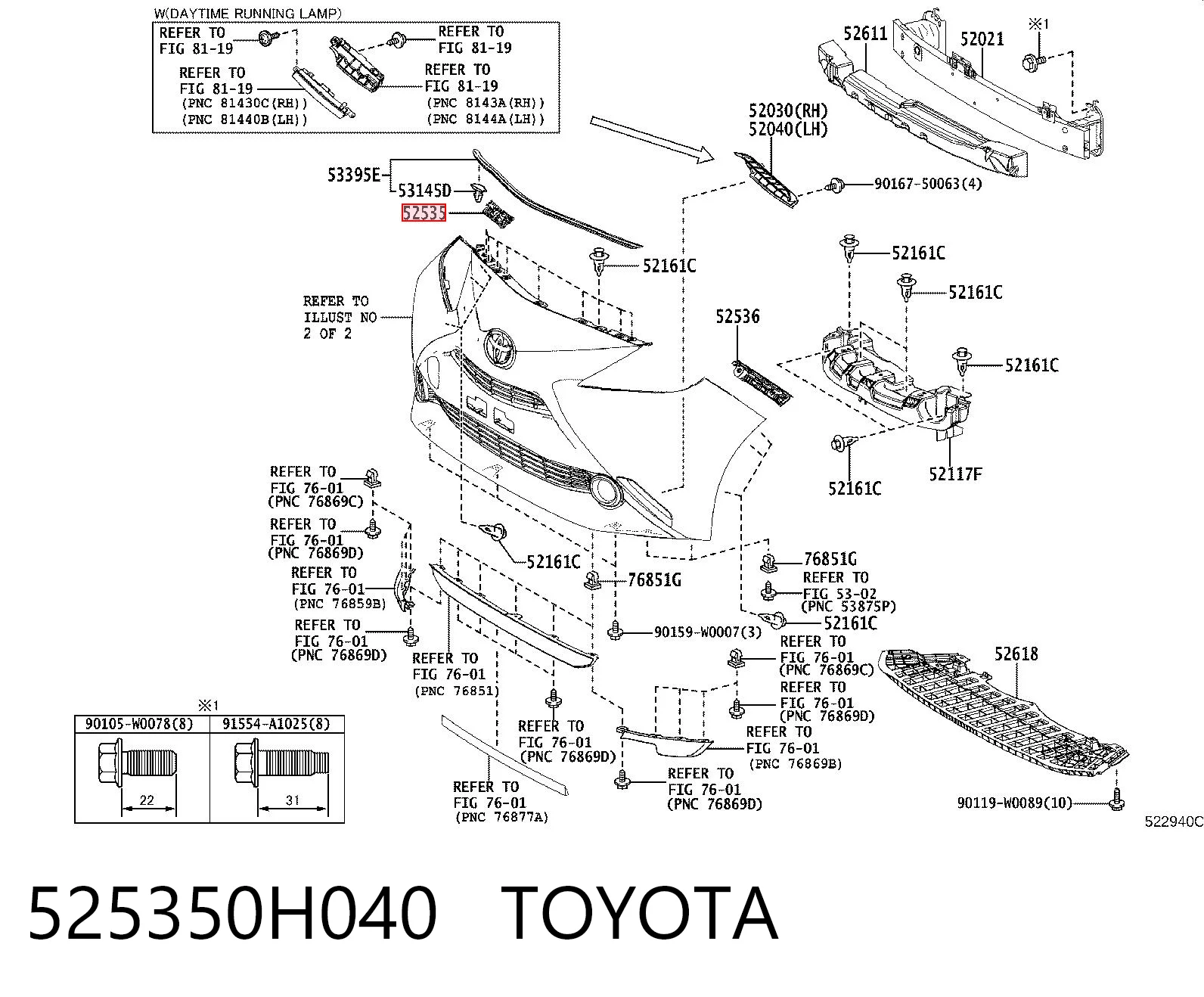 525350H040 Toyota Consola do pára-choque dianteiro direito