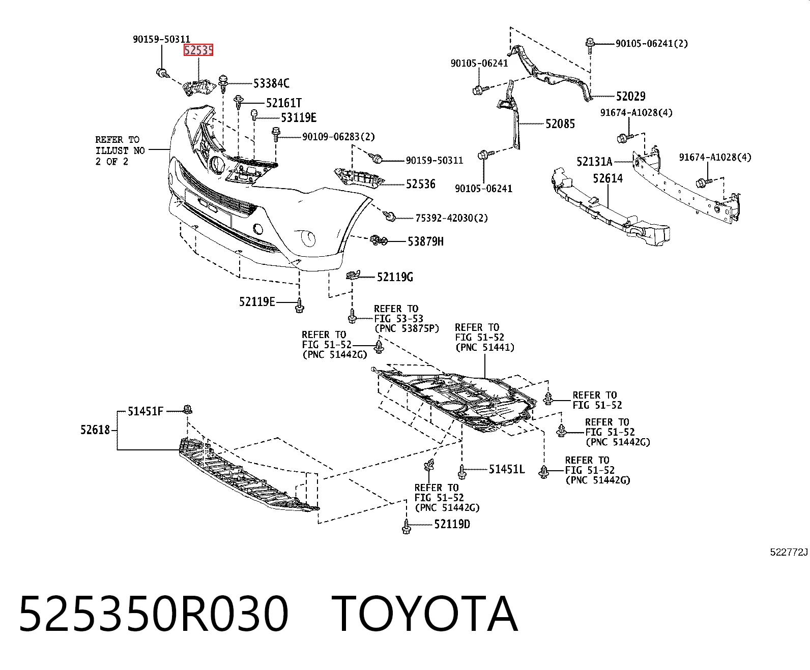 525350R030 Toyota Consola externa direita do pára-choque dianteiro