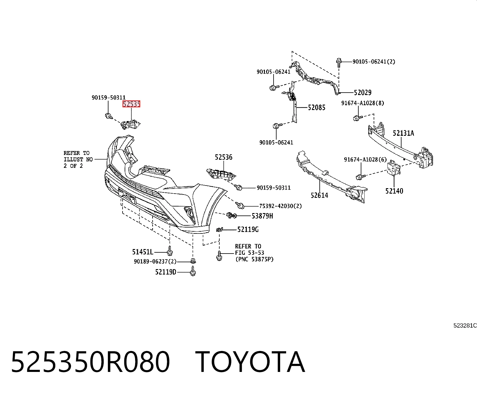 525350R080 Toyota Consola do pára-choque dianteiro direito