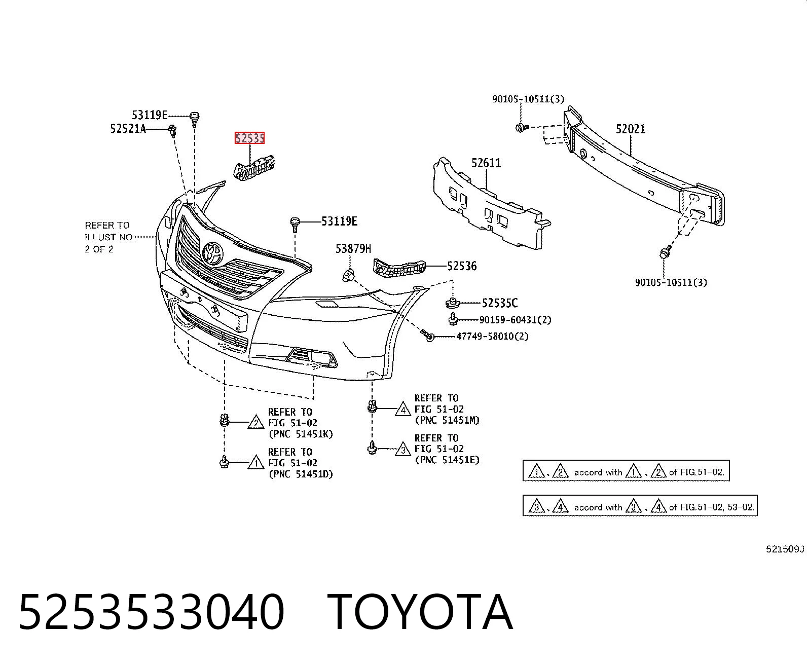 5253533040 Toyota Consola externa direita do pára-choque dianteiro