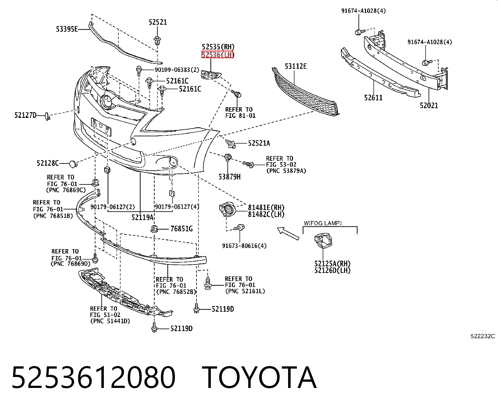 5253612080 Toyota Consola do pára-choque dianteiro esquerdo