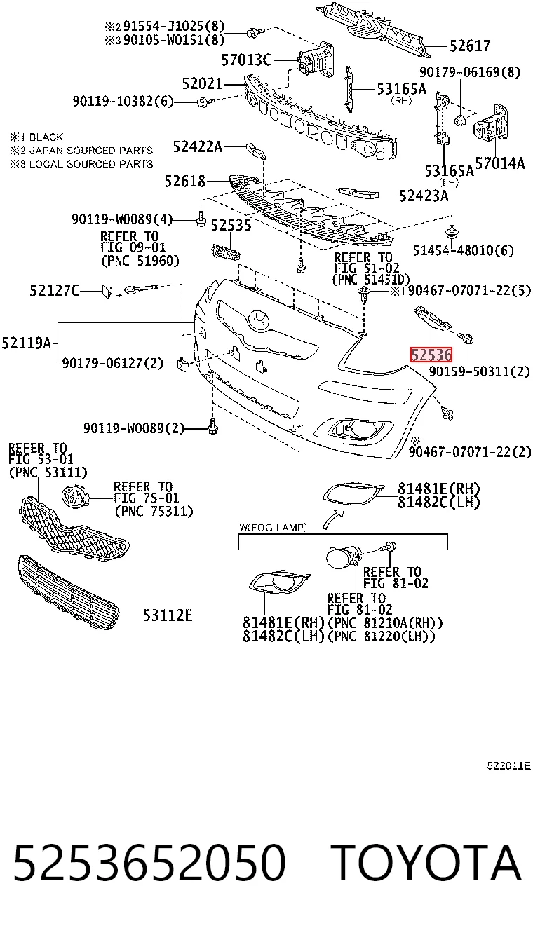 5253652050 Toyota Guia do pára-choque dianteiro esquerdo