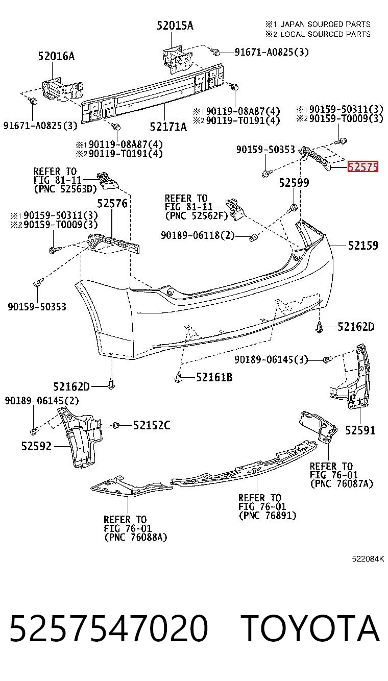 5257547020 Toyota Consola direita do pára-choque traseiro