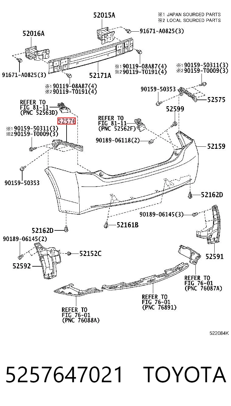 5257647021 Toyota Consola esquerda do pára-choque traseiro