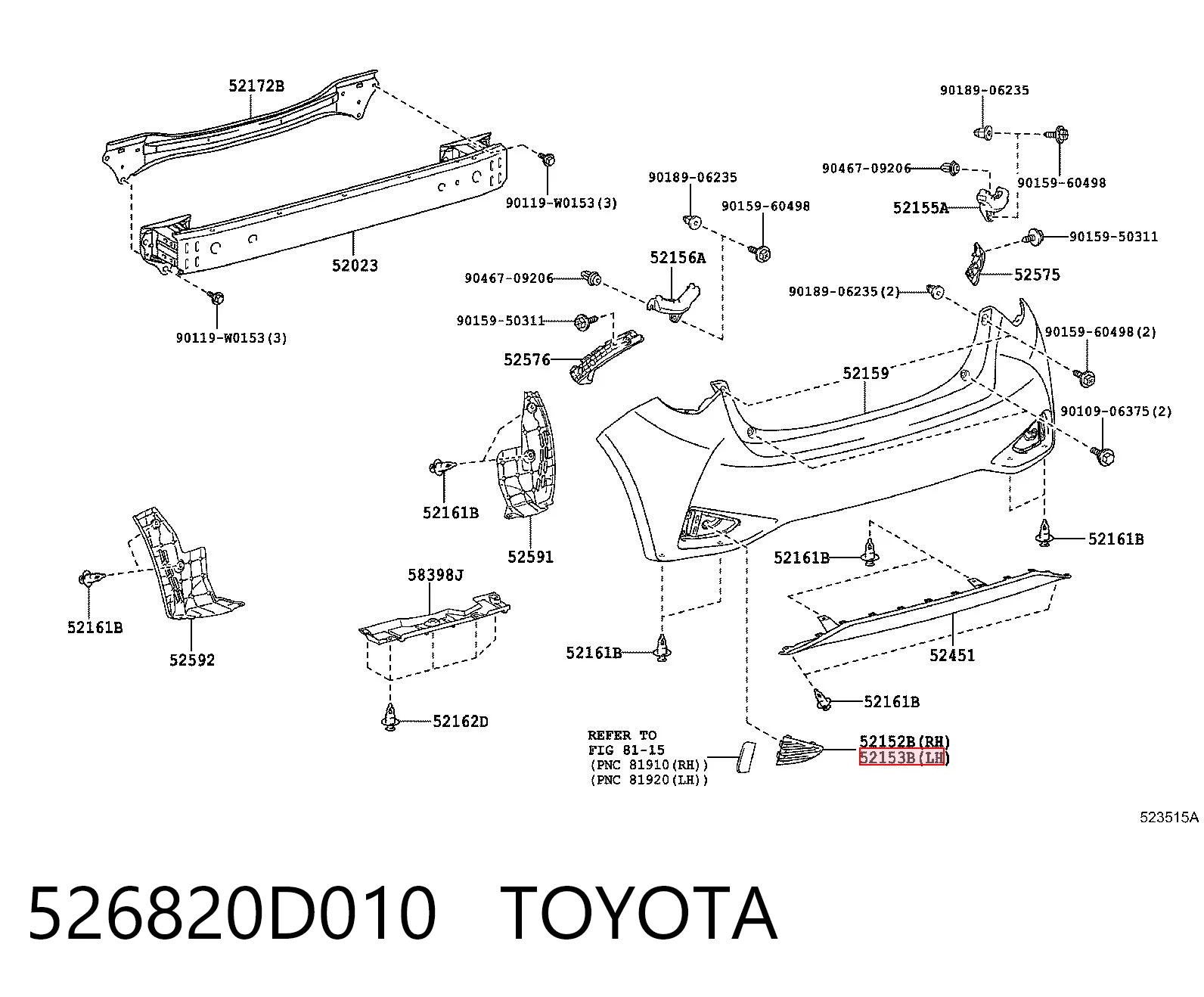 526820D010 Toyota Pára-choque traseiro, parte esquerda
