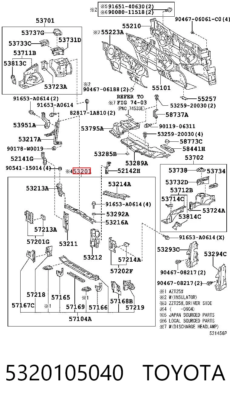 Suporte do radiador montado (painel de montagem de fixação das luzes) Toyota Avensis II T25